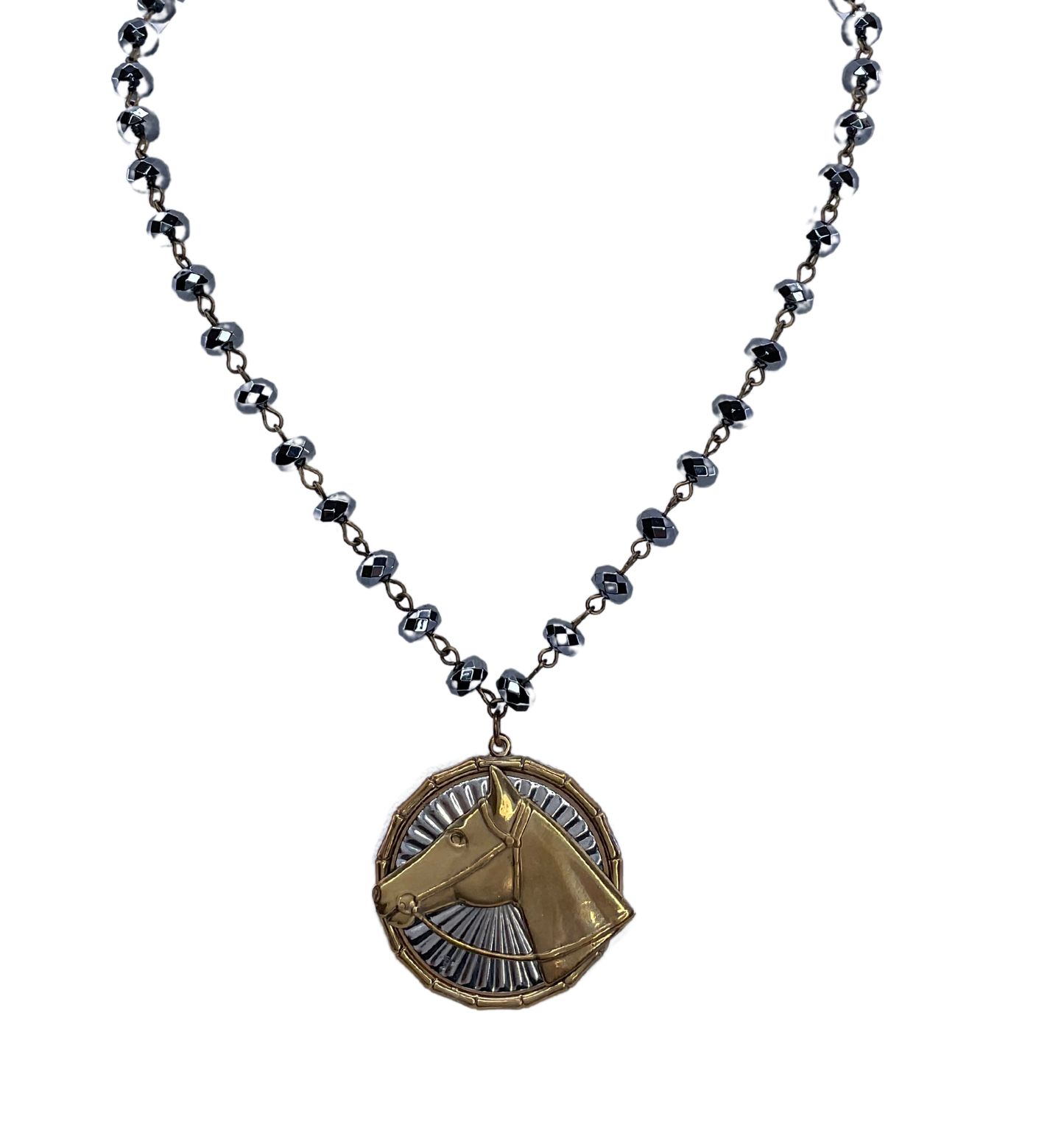 Hematite Sterling and Brass Horse Pendant