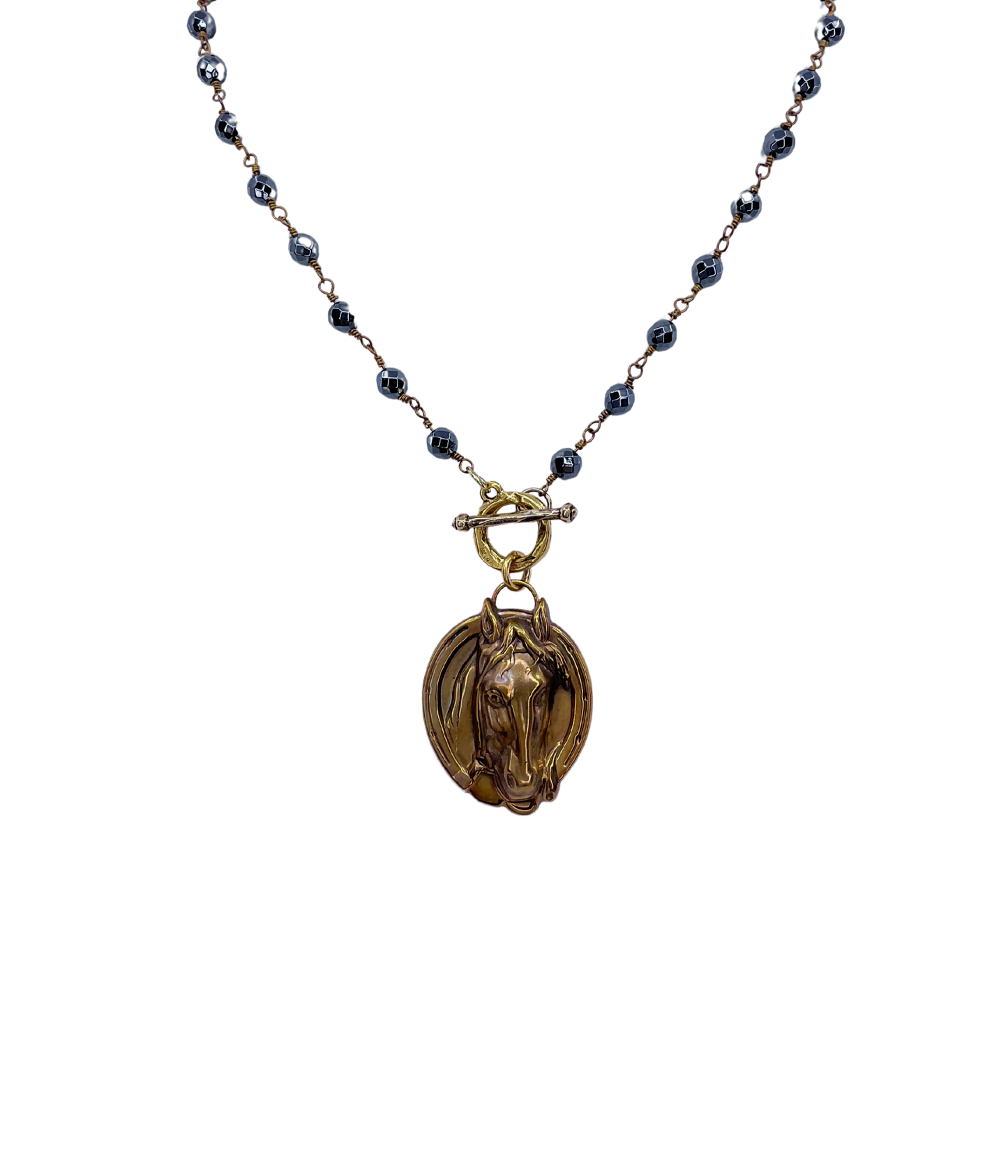 Vintage Hematite Chain with Vintage Horse Face and Horse-shoe pendant