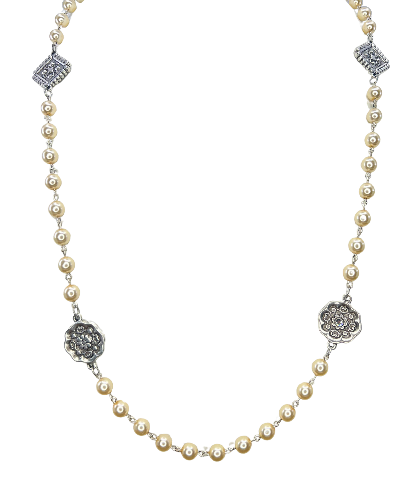 Vintage Reproduction Silver Charm & Pearl Necklace