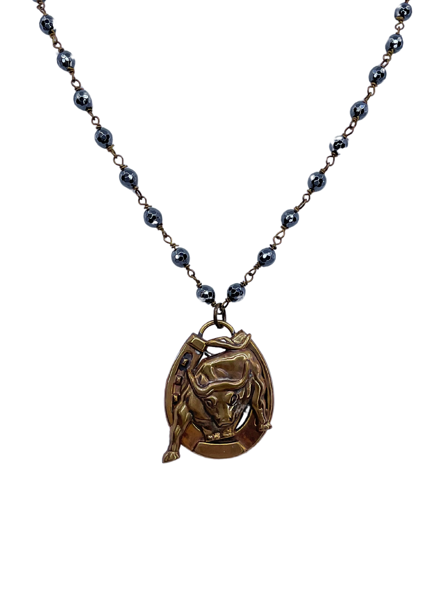 Vintage Hematite Chain with Vintage Bull and Horse-shoe Pendant