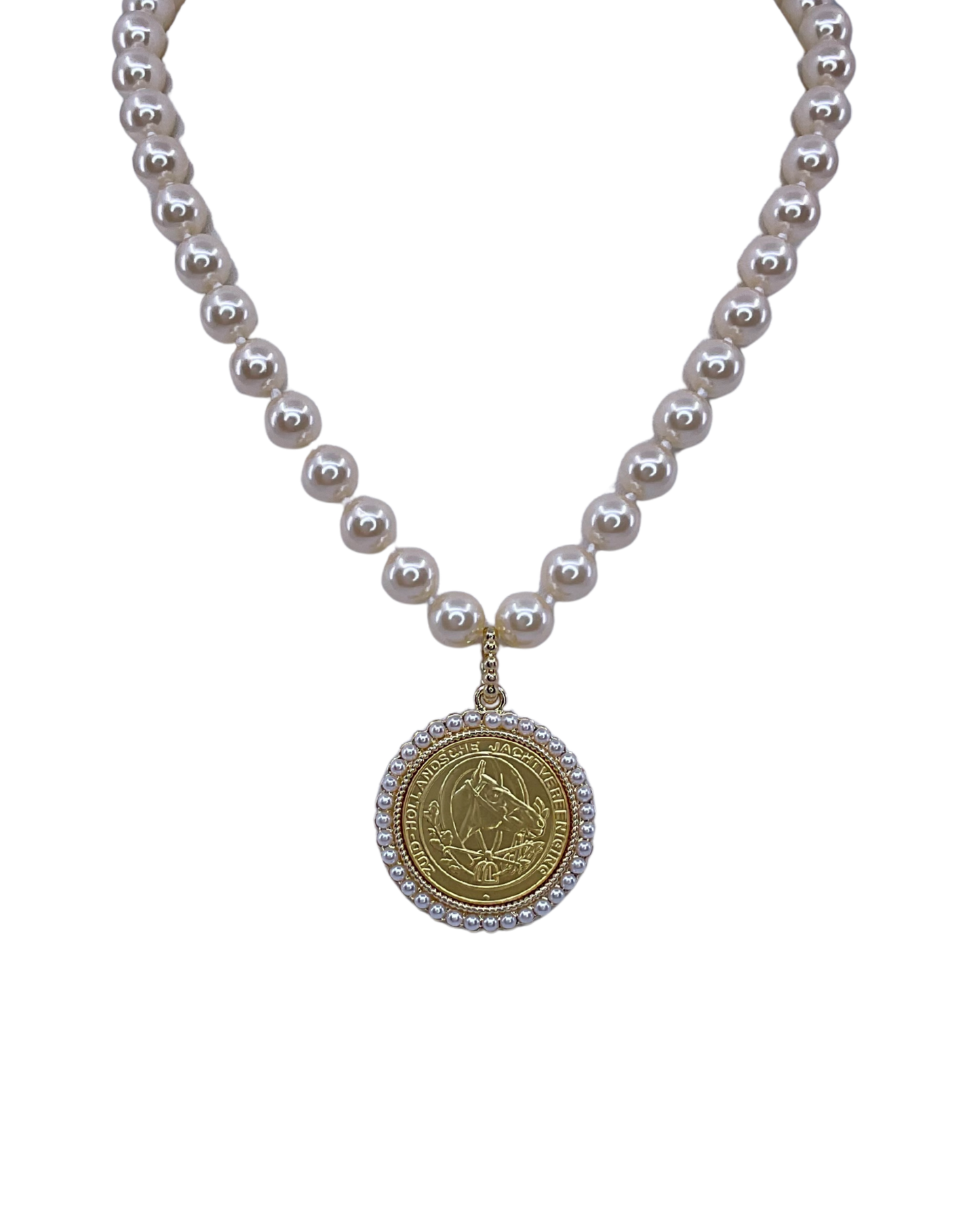 Vintage Hand Knot Pearl With Repurposed Horse Hunting Coin