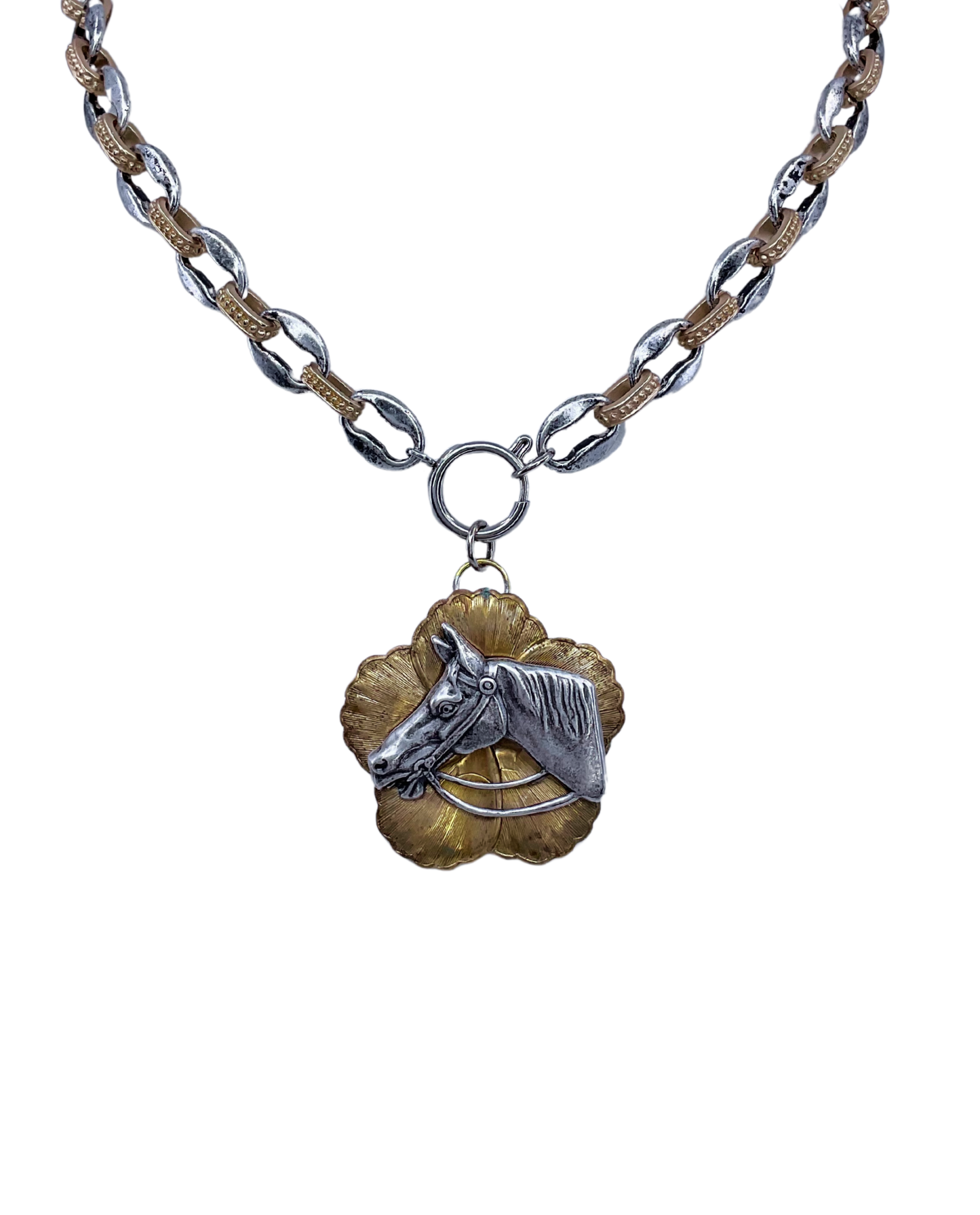 Mixed Metal Chain with Vintage Magnolia Horse Pendant