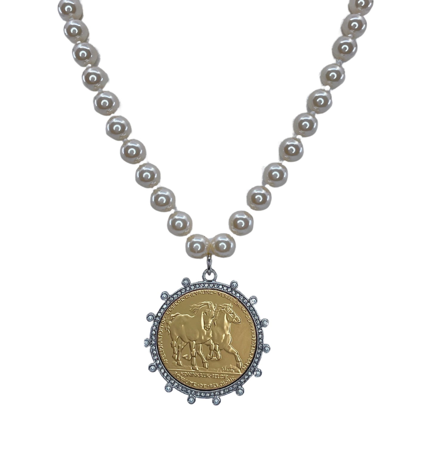 Vintage Pearls with Sterling Plated Gold Horse Coin