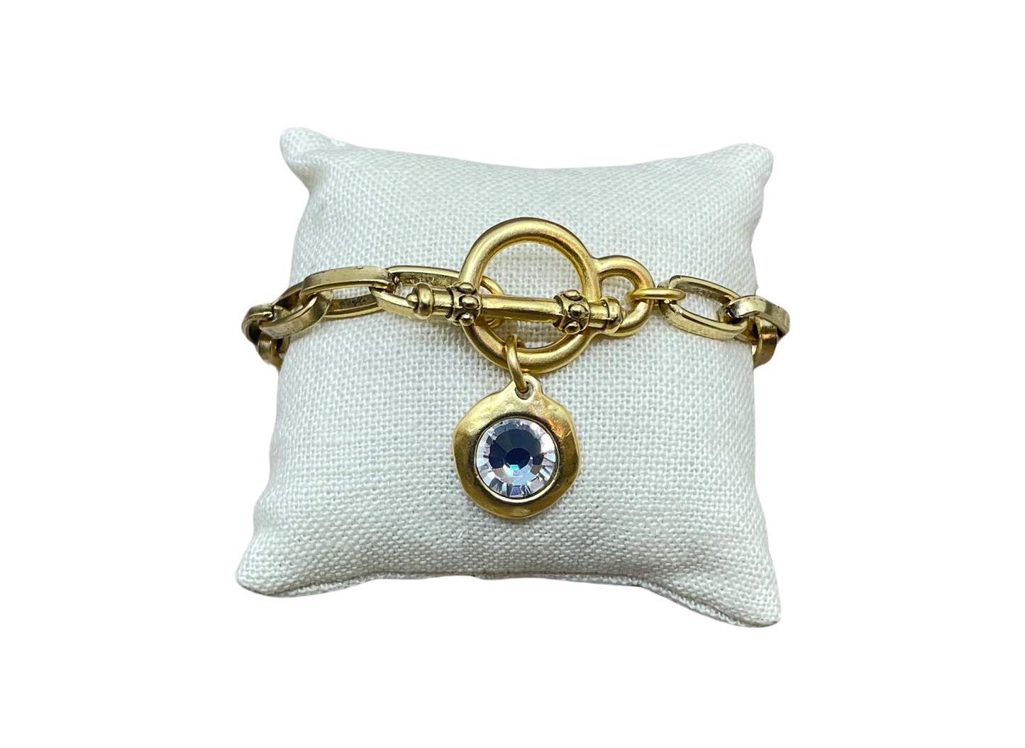 Gold Plated Chain and Toggle Bracelet with Swarovski Crystal Charm 7.5"