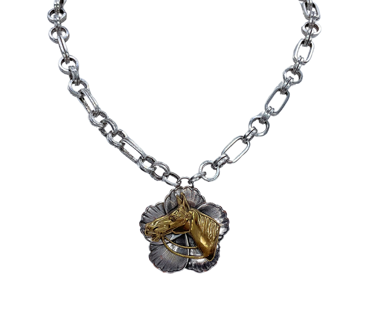 Sterling Plated Magnolia and Brass Horse Pendant