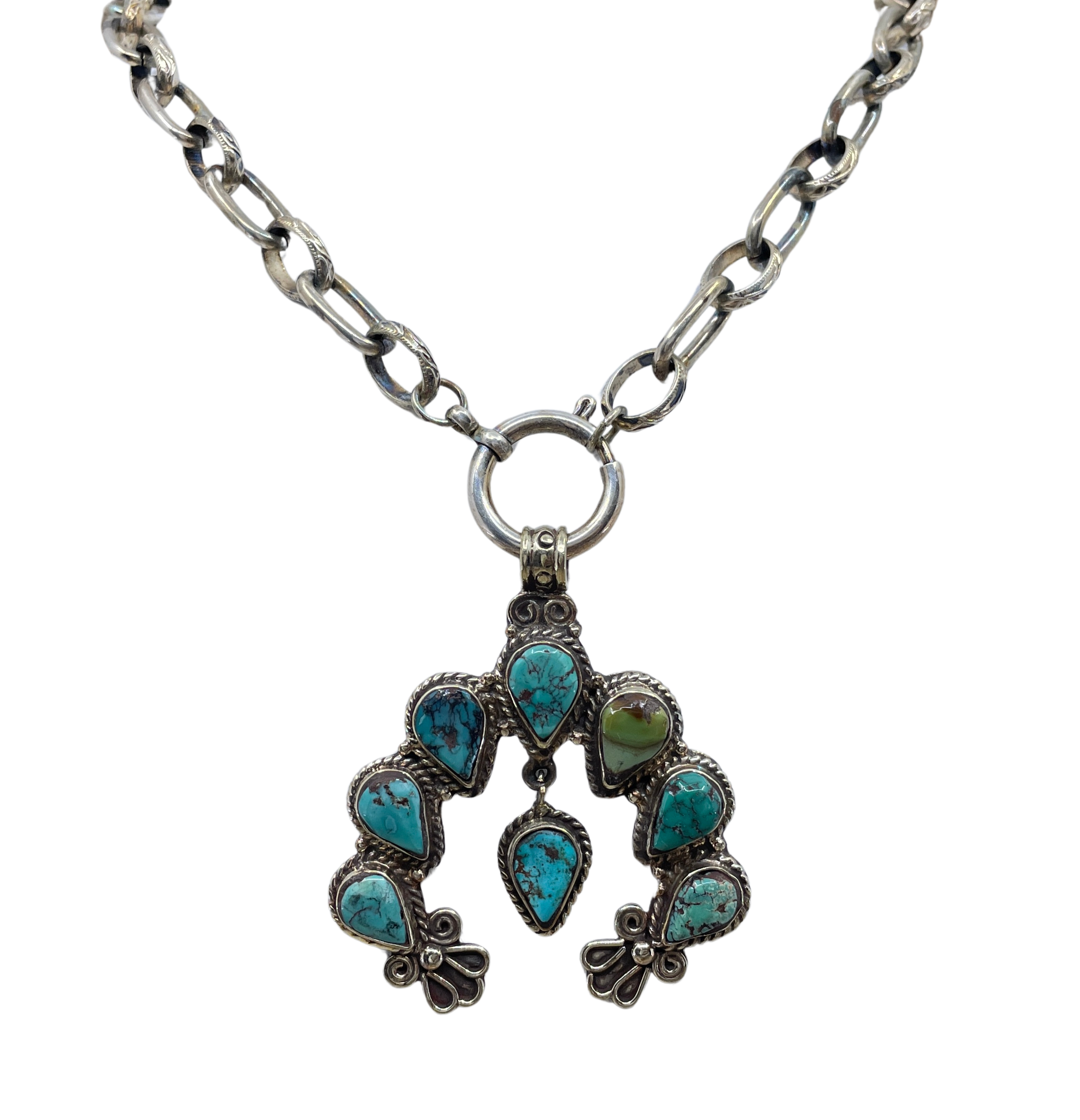Vintage Turquoise Squash Blossom Pendant Necklace