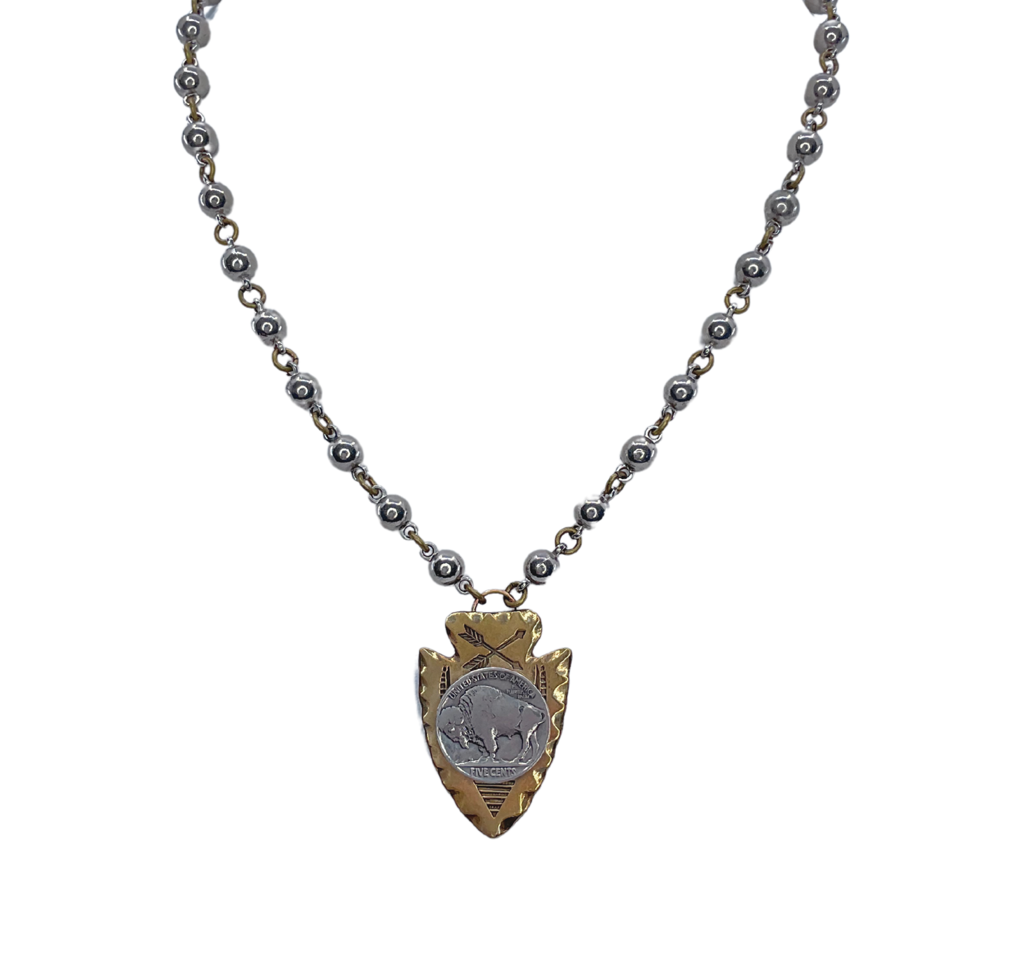Vintage Bead Chain with Buffalo Nickel on Brass Arrowhead Pendant