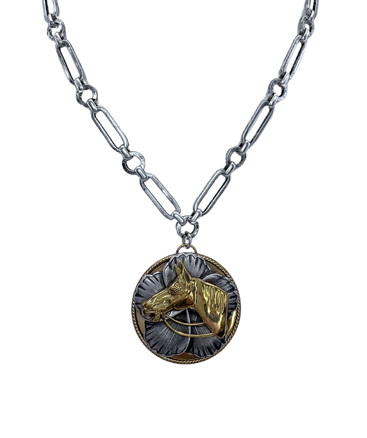 Brass Horse on Sterling Plated Magnolia Necklace