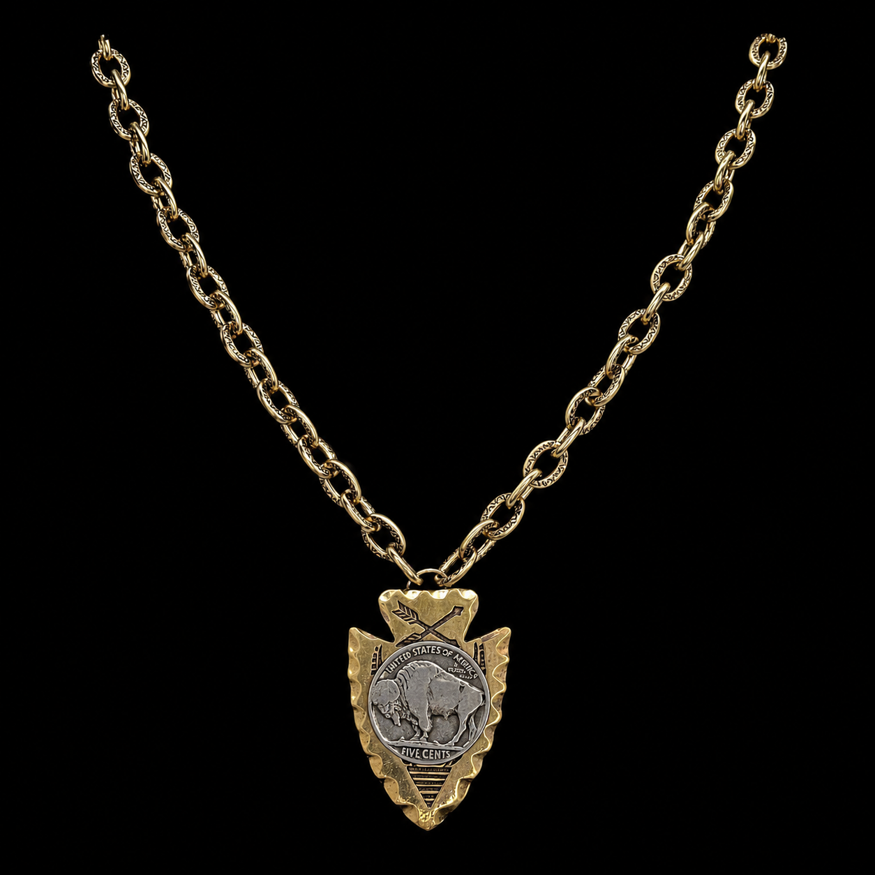 Buffalo Nickel on Brass Arrowhead