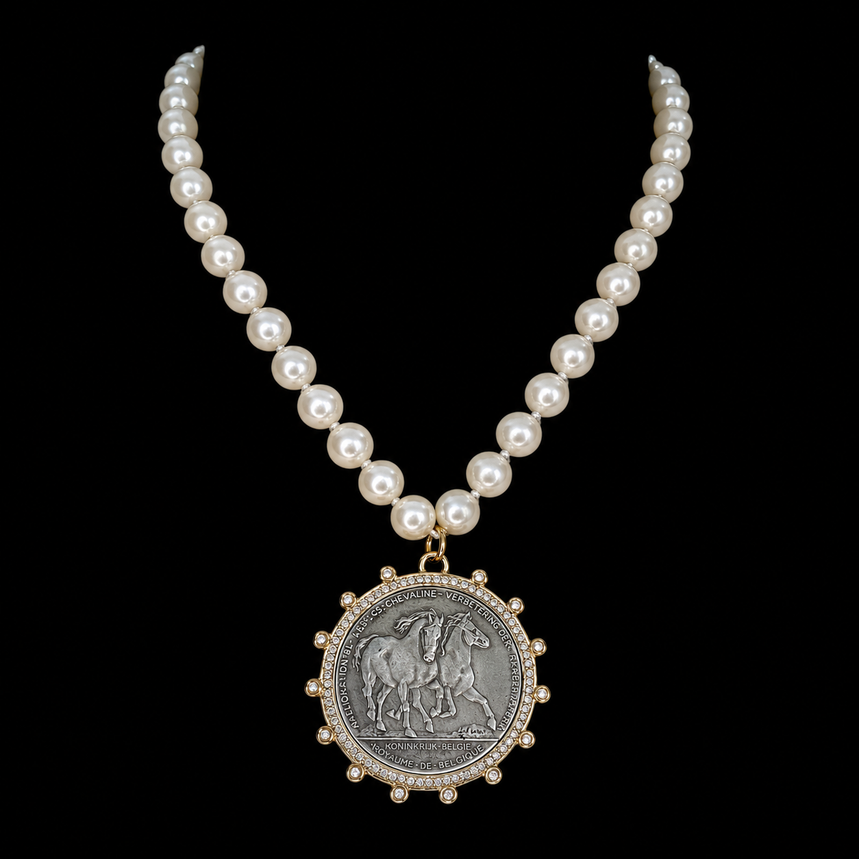 Vintage Pearls with Gold Plated Sterling Horse Coin