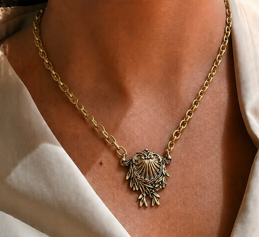 Gold Plated 17" Chain with Vintage Victorian Shell Brooch