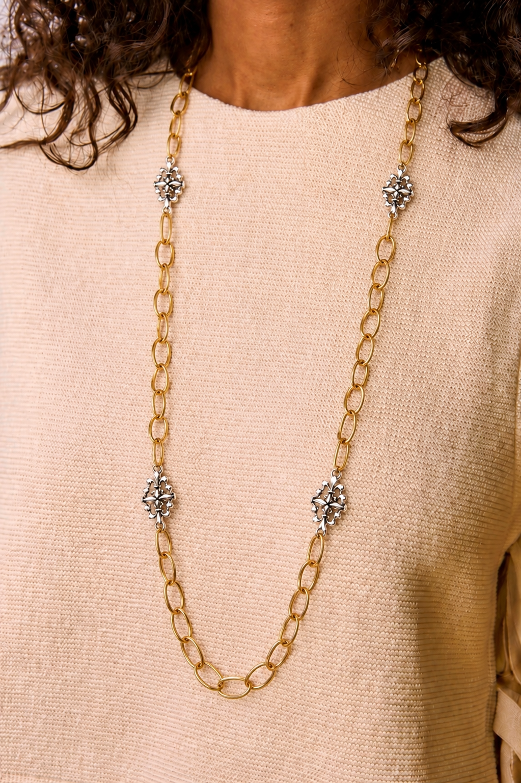Mixed Metal Sterling & Gold Plated 36" Chain with Vintage Reproduction Fleur De Lis Accents