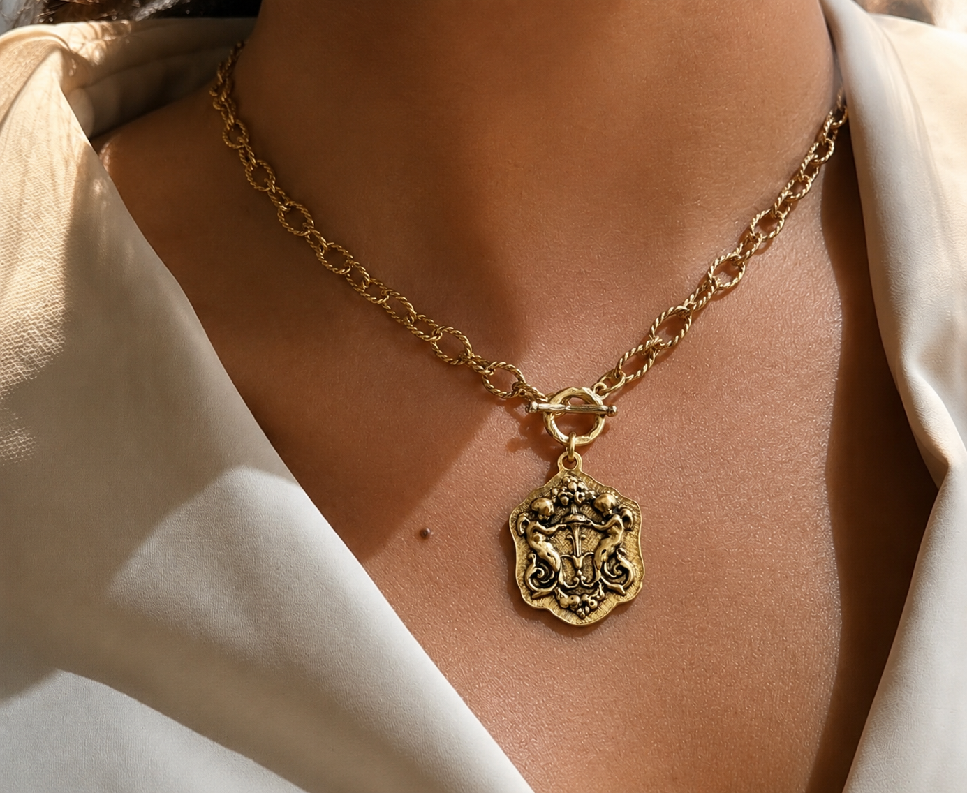Vintage Gold 18" Chain and Toggle with Gold Reproduction Angel Pendant
