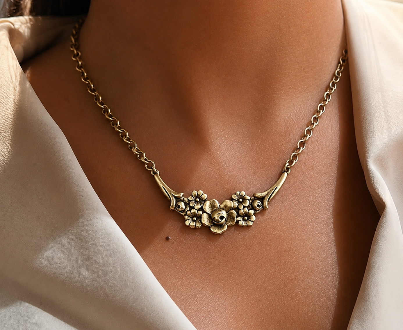 Vintage Reproduction Gold Floral Crescent Necklace