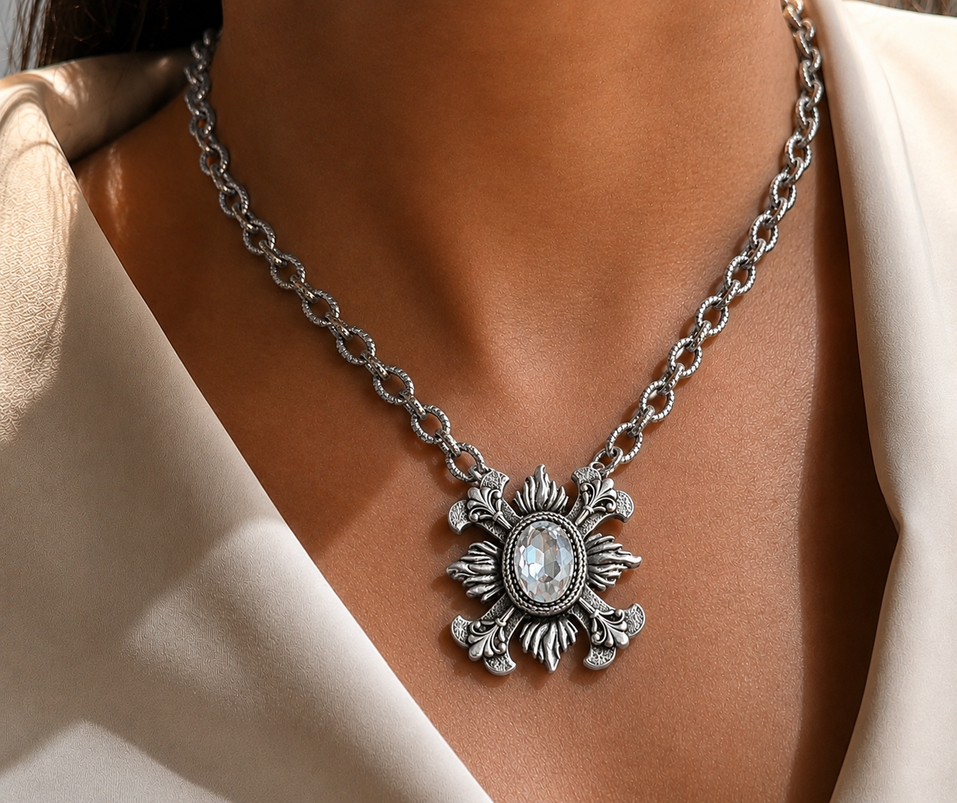 Sterling Plated 17" Chain with Repurposed Fleur de lis and Swarovski Crystal Pendant