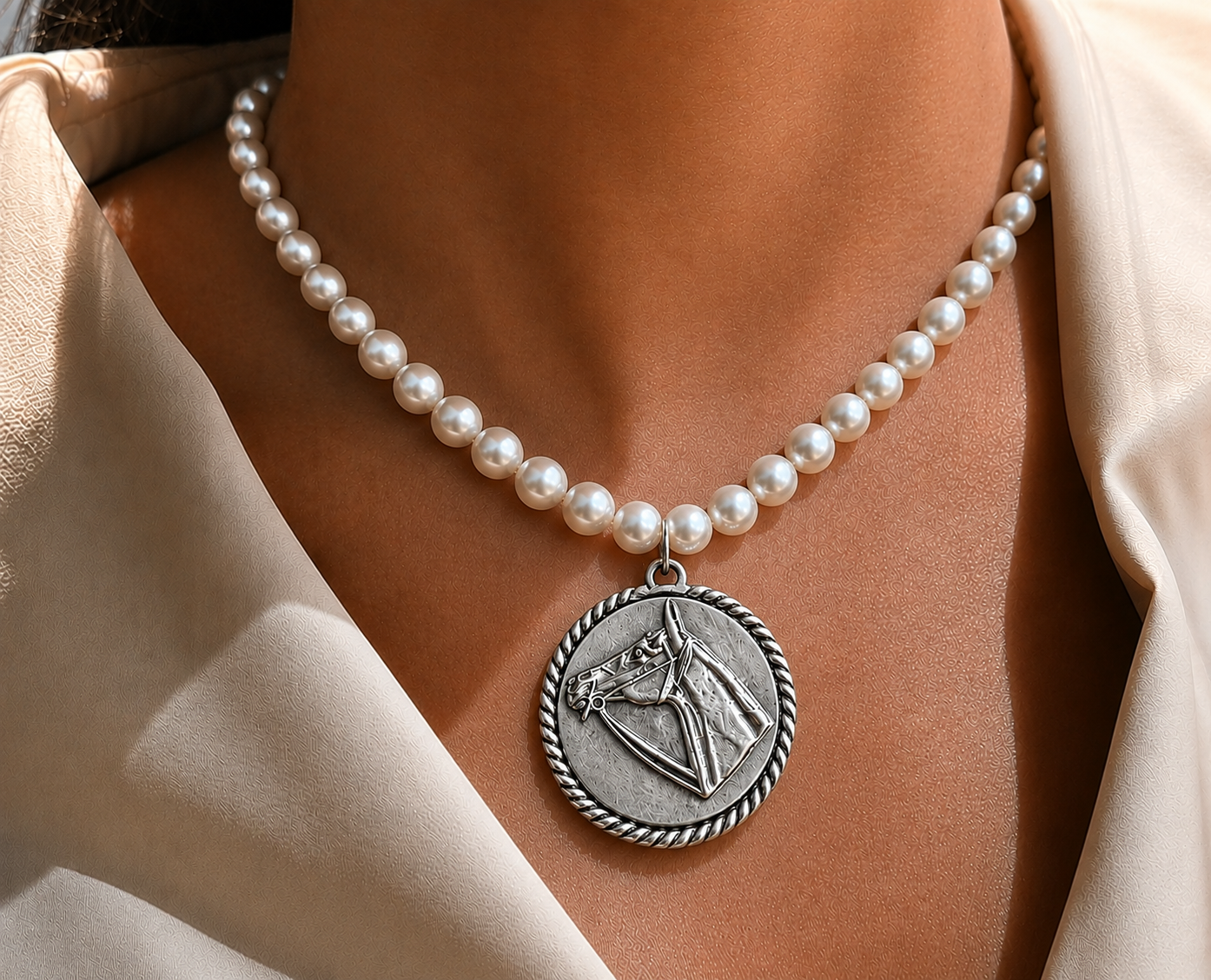 vintage faux Pearl necklace w/ Vintage reproduction Sterling Plated Horse Pendant