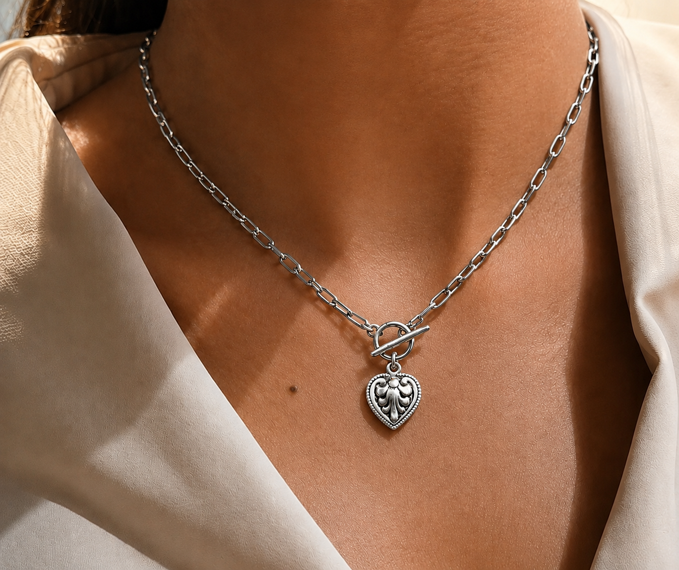 Vintage Sterling Plated Etched Toggle heart Necklace