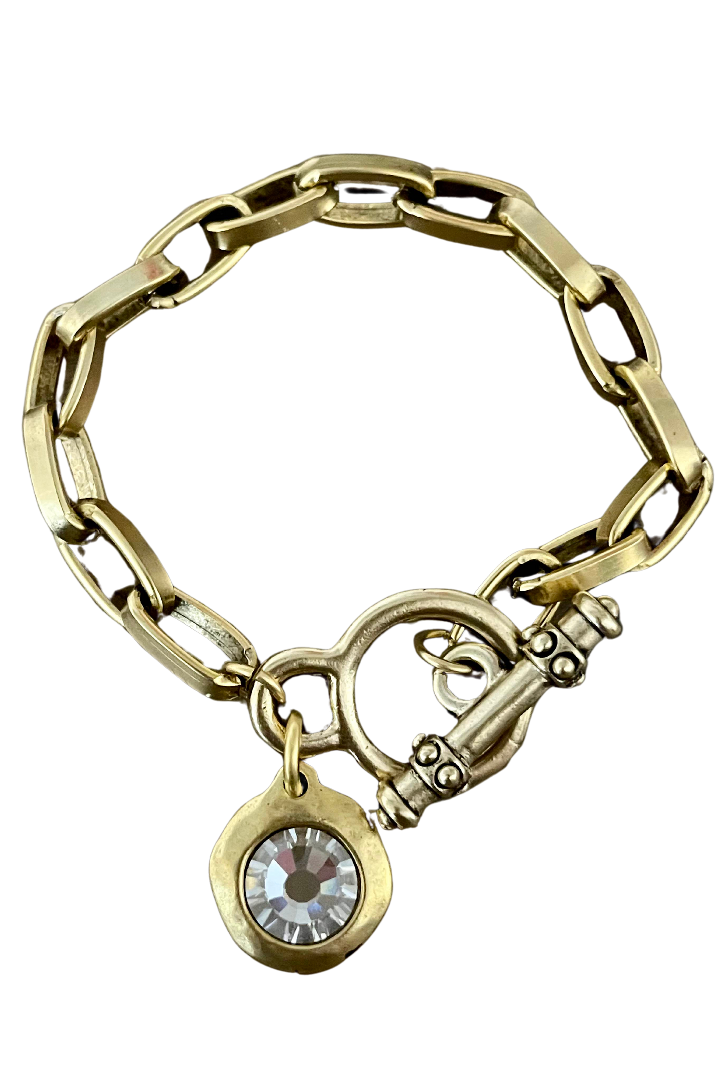 Gold Plated Chain and Toggle Bracelet with Swarovski Crystal Charm 7.5"