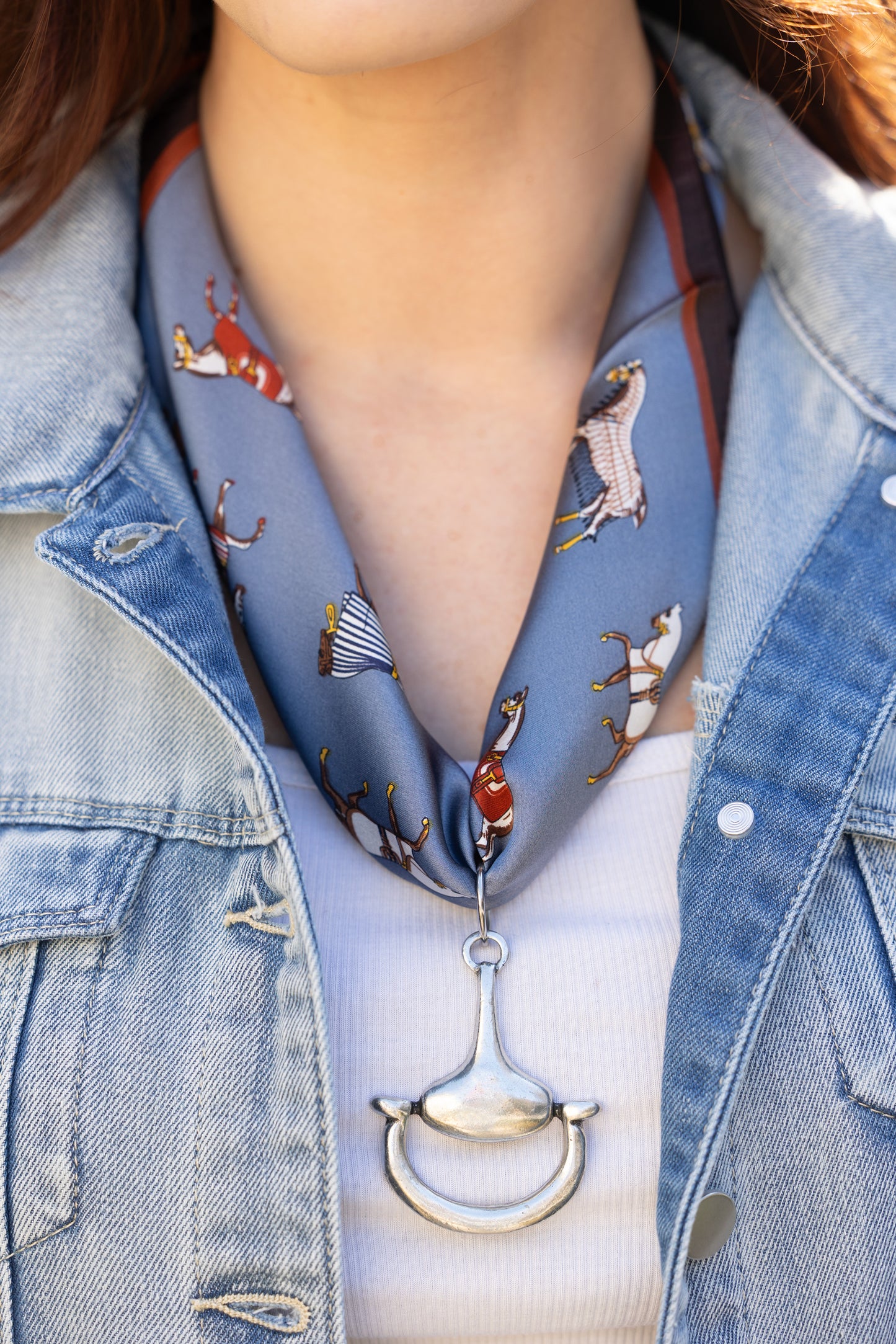 Equine Elegance 100% Silk Scarf in Slate Blue with choice of Gold or Silver Metal Horse-Bit