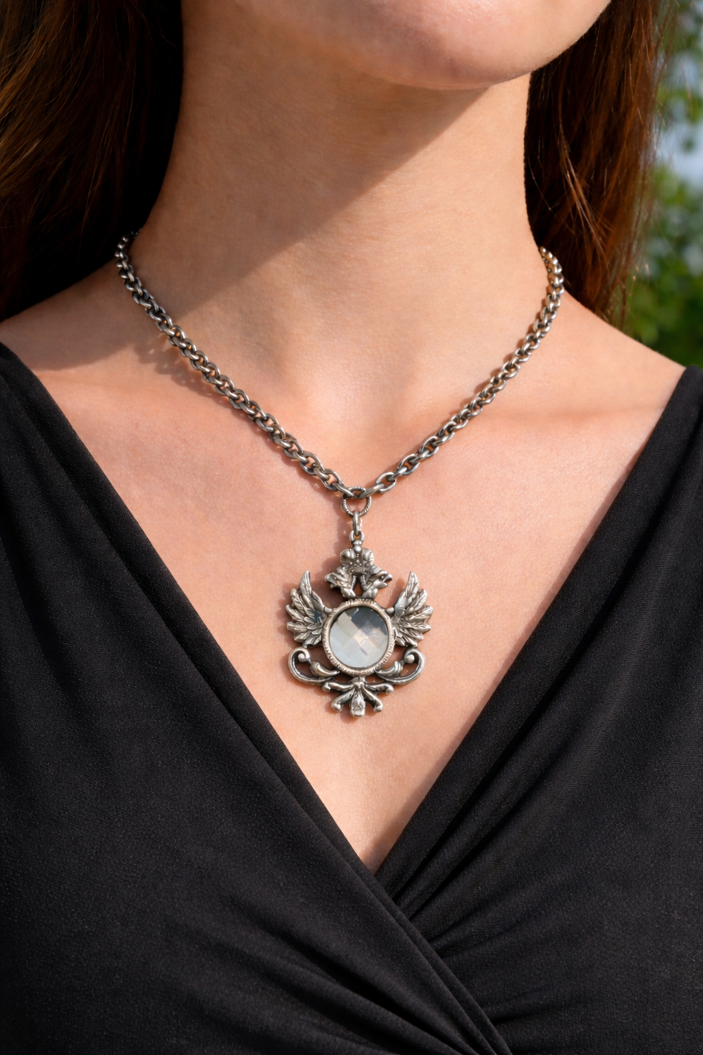 Sterling Plated 17" Chain with Repurposed Heraldic Pendant and vintage swarovski Crystal