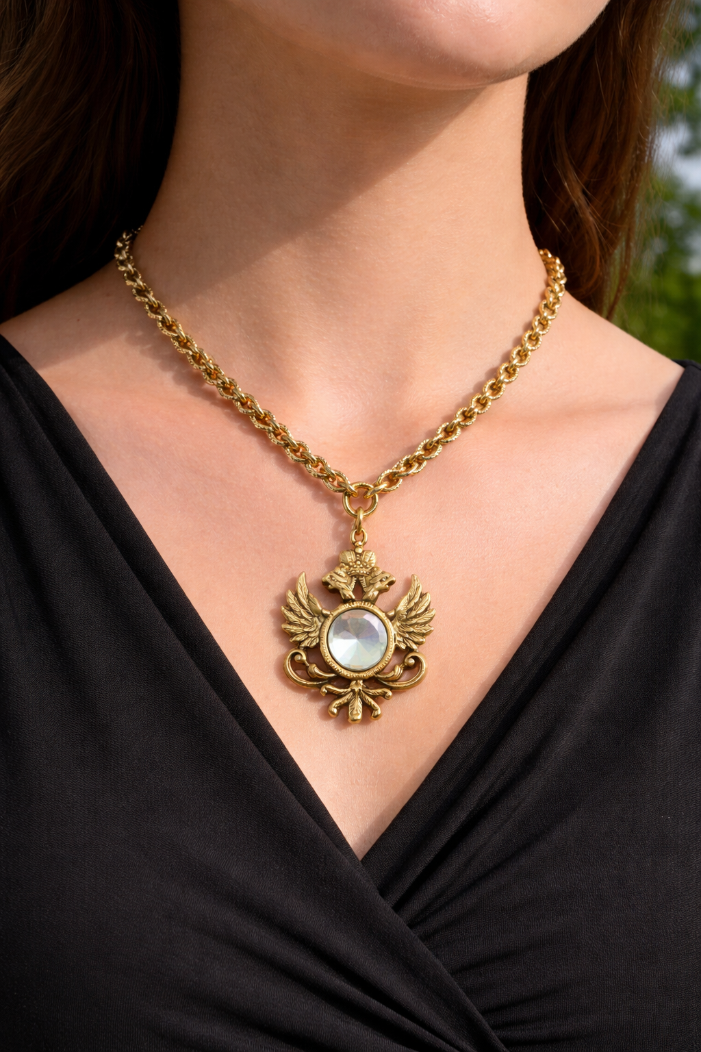 Gold plated 17" Chain with reproduction heraldic pendant and vintage swarovski crystal