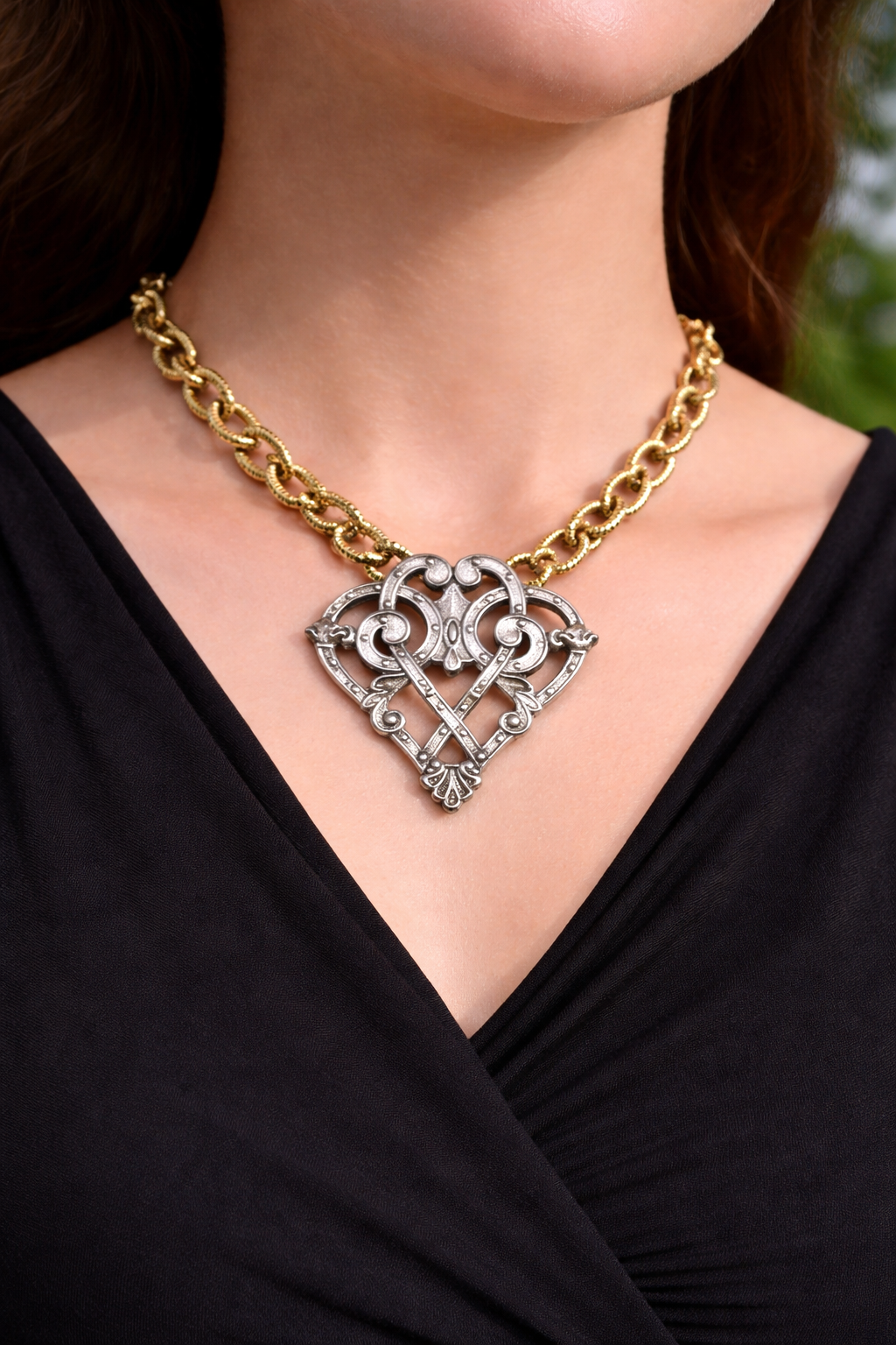 Mixed Metal Sterling and Gold Plated 17" Chain with Vintage Reproduction Scroll Heart