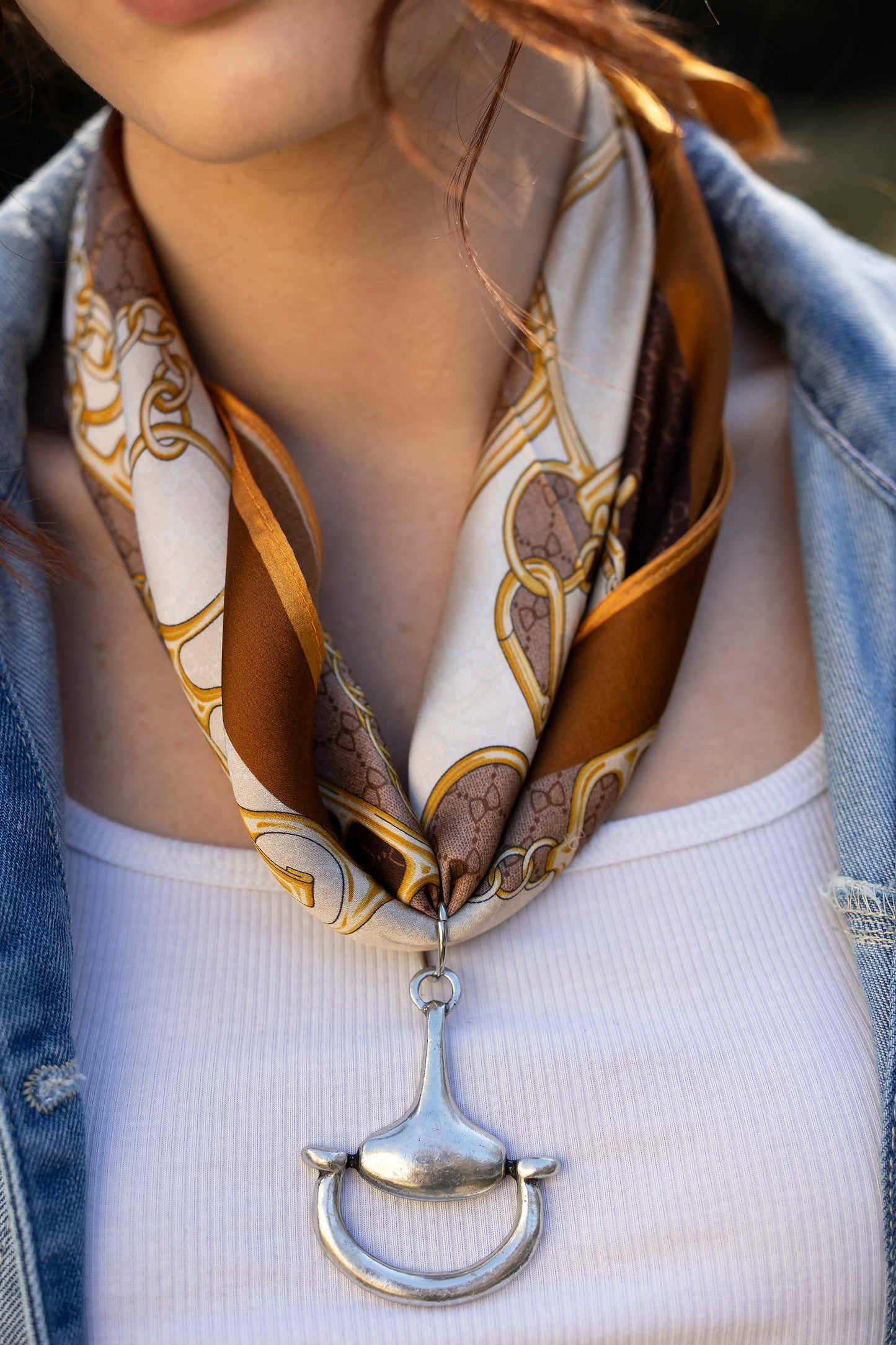 Snaffle and Chain 100% Silk Scarf with choice of Gold or Silver Metal Horse-Bit