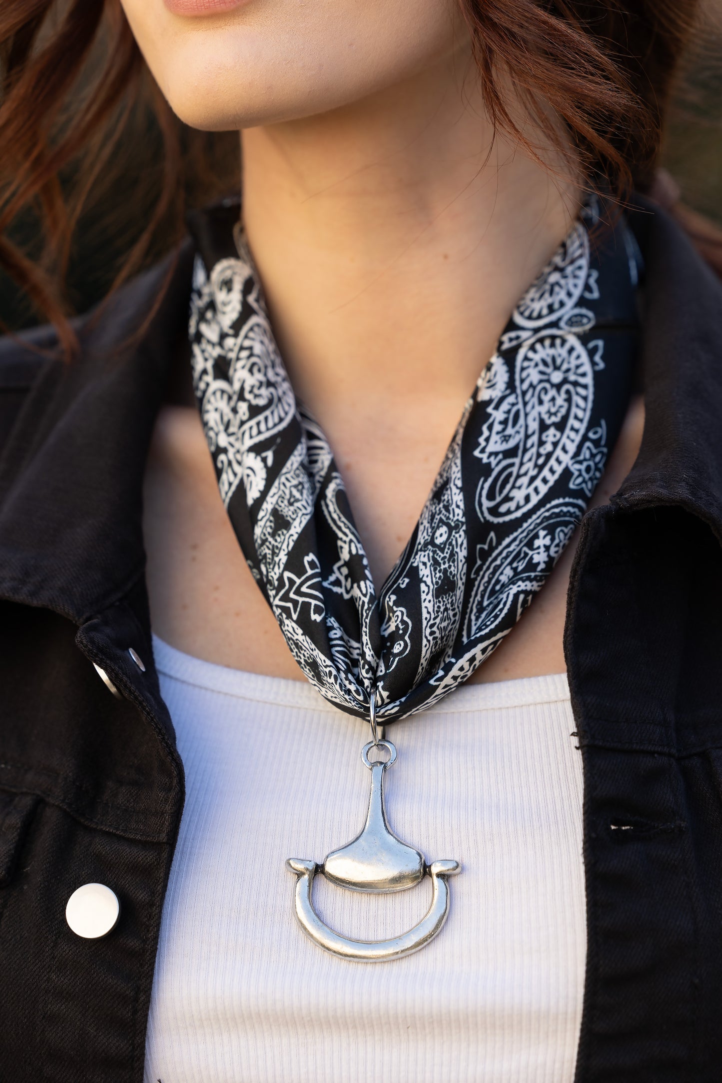 Lets do Western 100% Silk Scarf in Black with choice of Gold or Silver Metal Horse-Bit