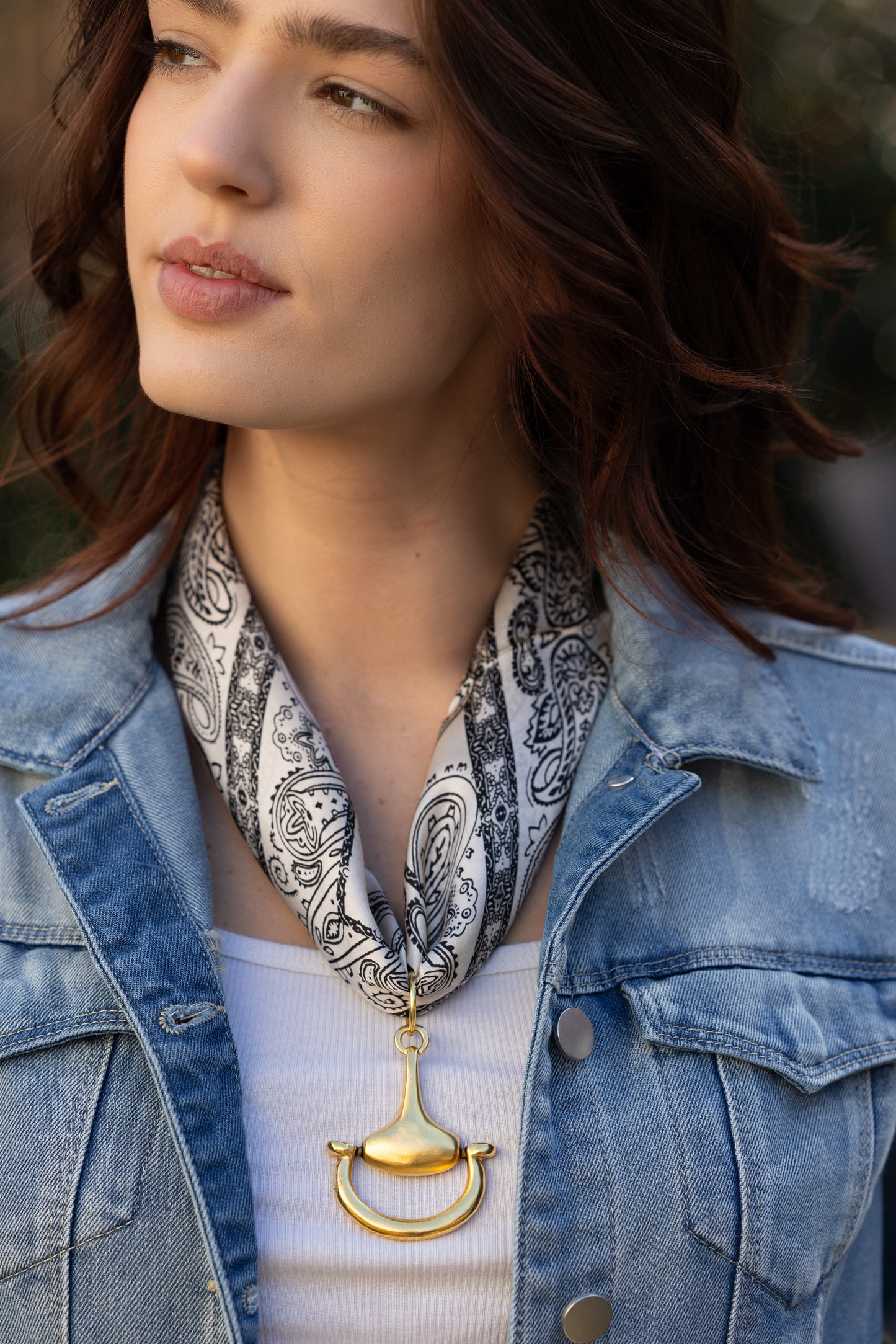 Western 100% Silk Scarf in White with choice of Gold or Silver Metal Horse-Bit