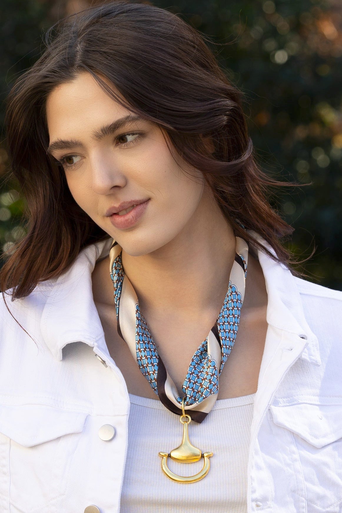 Blue Lattice 100% Silk Scarf with choice of Gold or Silver Metal Horse-Bit