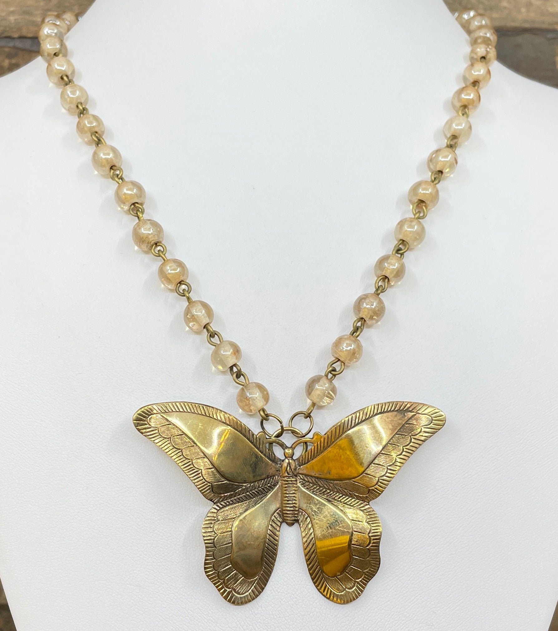 Gold-Plated Butterfly Pendant Rosary Necklace
