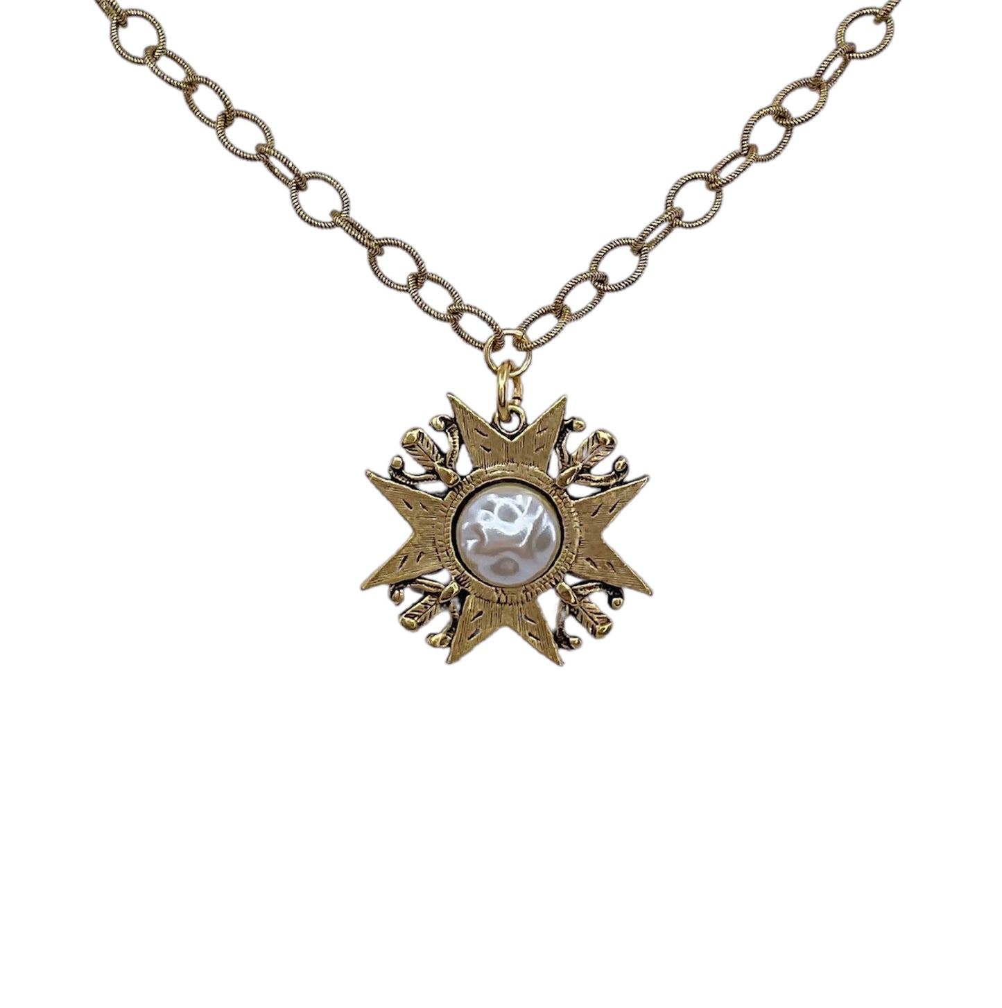 Gold Plated 17" chain with Repurposed Maltese cross and vintage faux pearl center