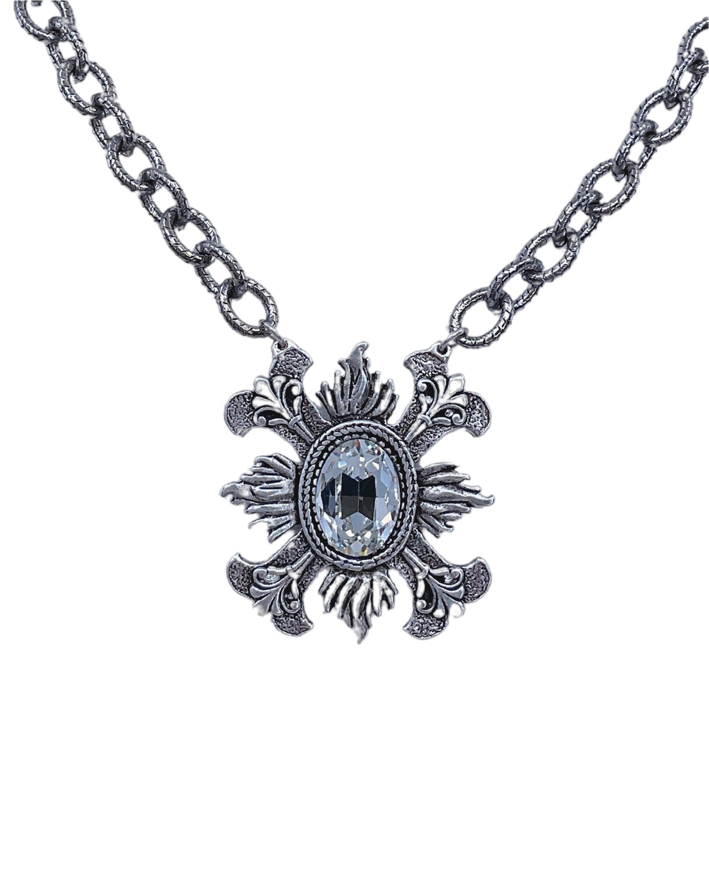 Sterling Plated 17" Chain with Repurposed Fleur de lis and Swarovski Crystal Pendant