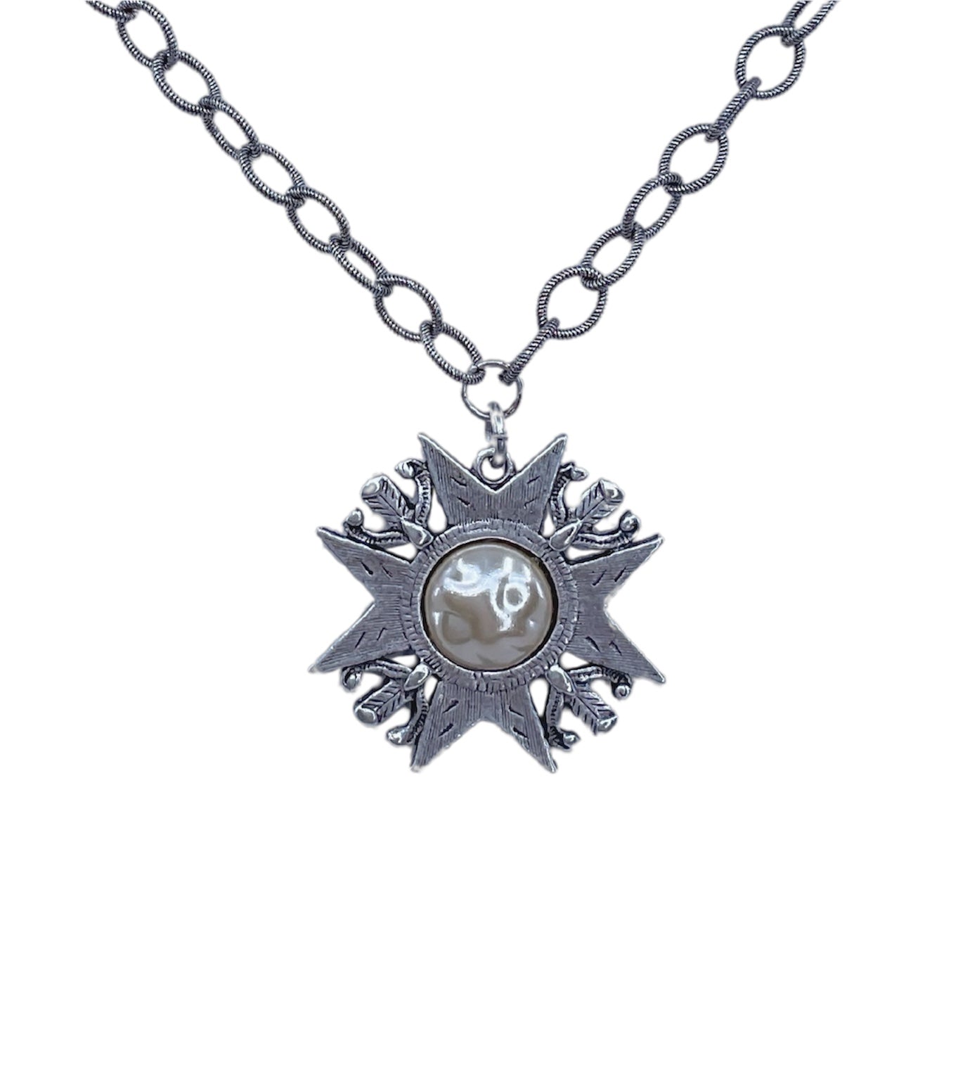 Sterling Plated 17" Chain with Repurposed maltese cross and vintage faux pearl center