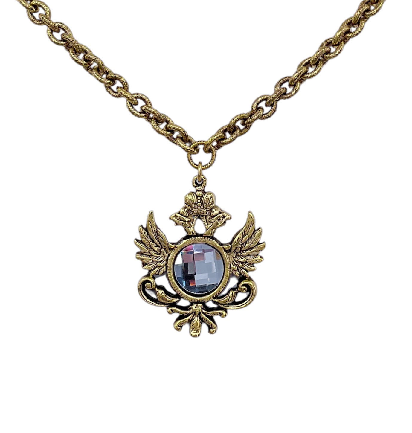 Gold plated 17" Chain with reproduction heraldic pendant and vintage swarovski crystal