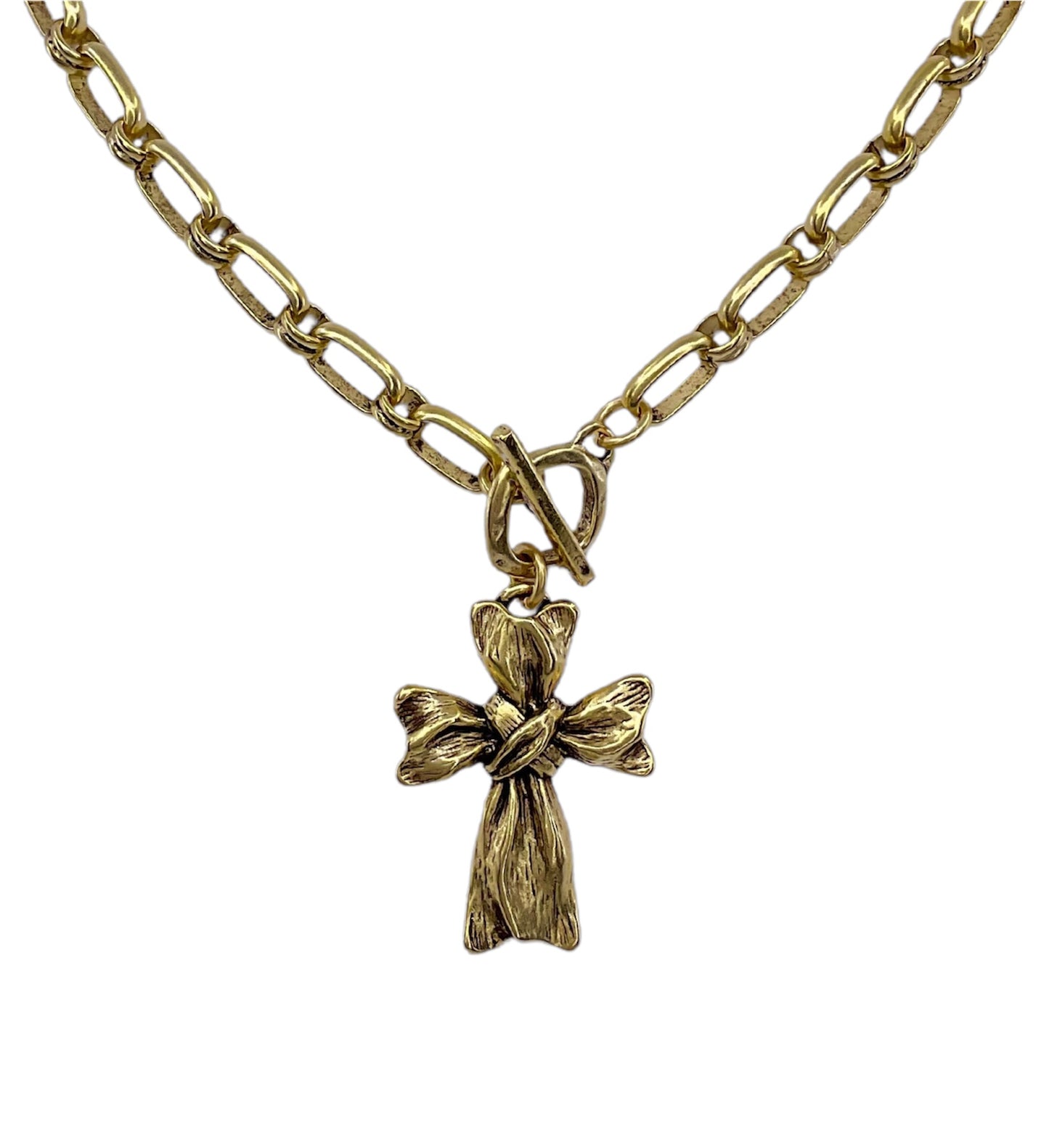 gold plated 17" Chain and toggle with Repurposed French ribbon cross pendant