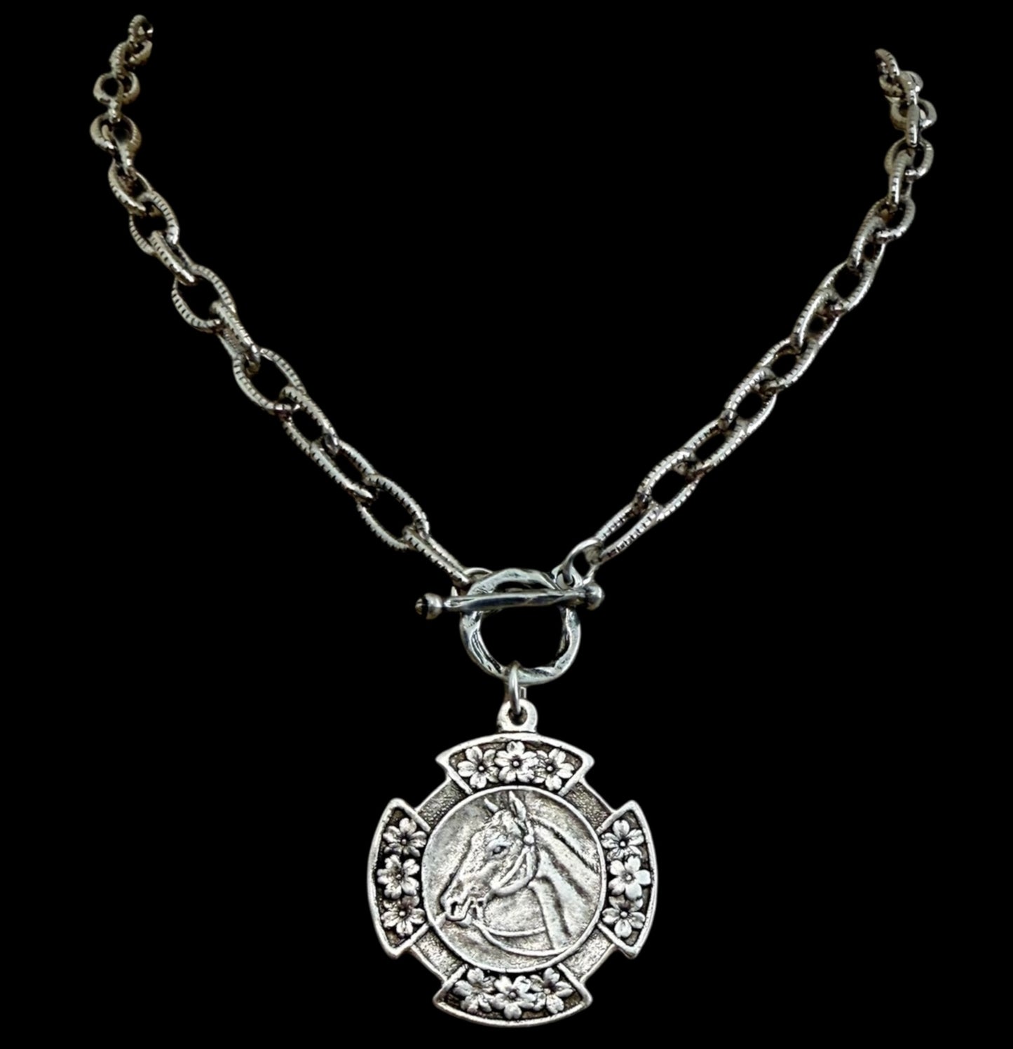 Vintage Silver 18" Chain and Toggle With Reproduction Silver Horse Flower Pendant