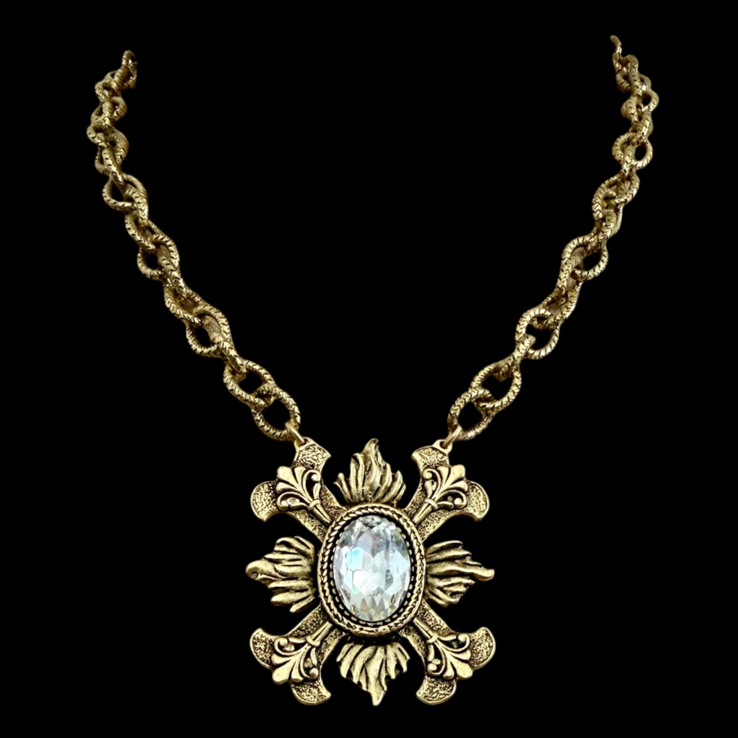 Gold Plated 17" Chain with Repurposed Fleur de lis and Swarovski Crystal Pendant