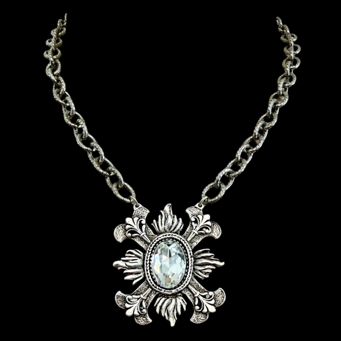Sterling Plated 17" Chain with Repurposed Fleur de lis and Swarovski Crystal Pendant
