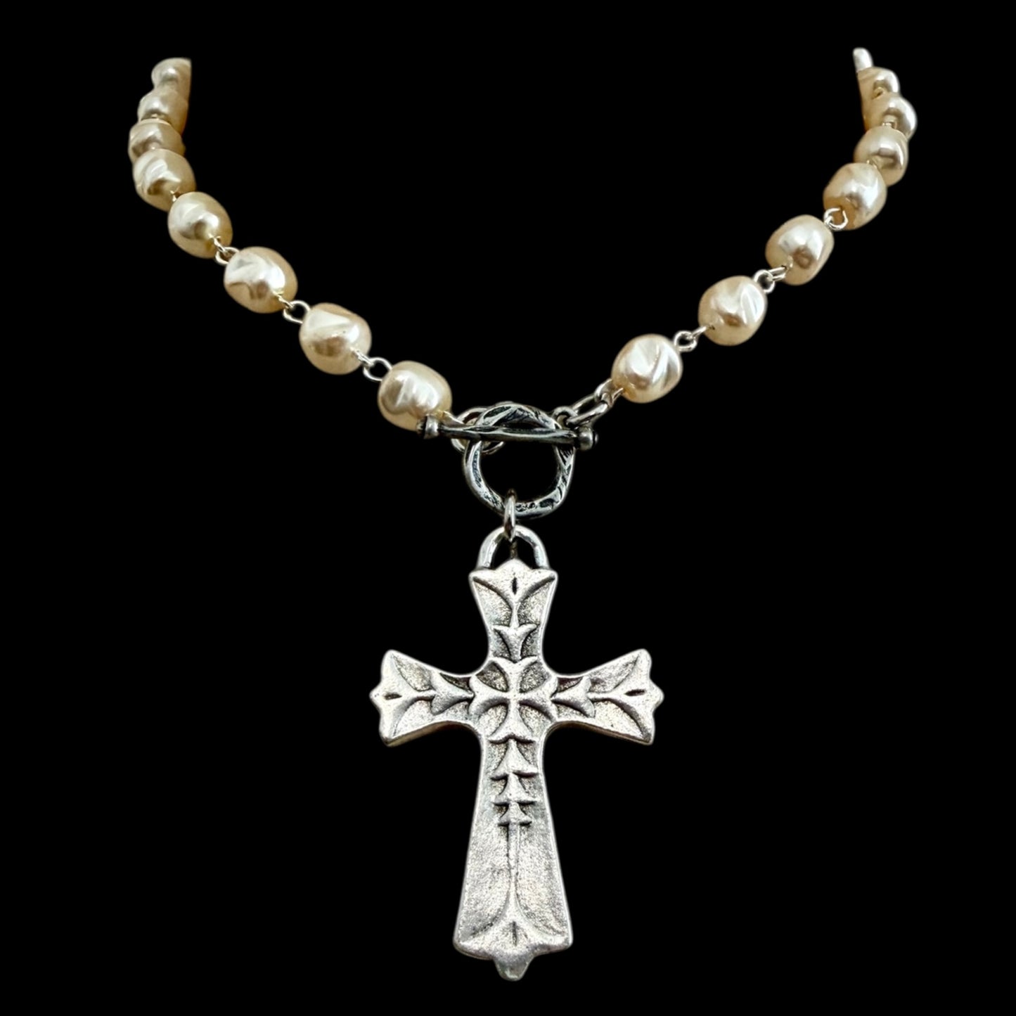 Vintage Pearl Silver Chain and Toggle with Vintage Silver Cross Pendant