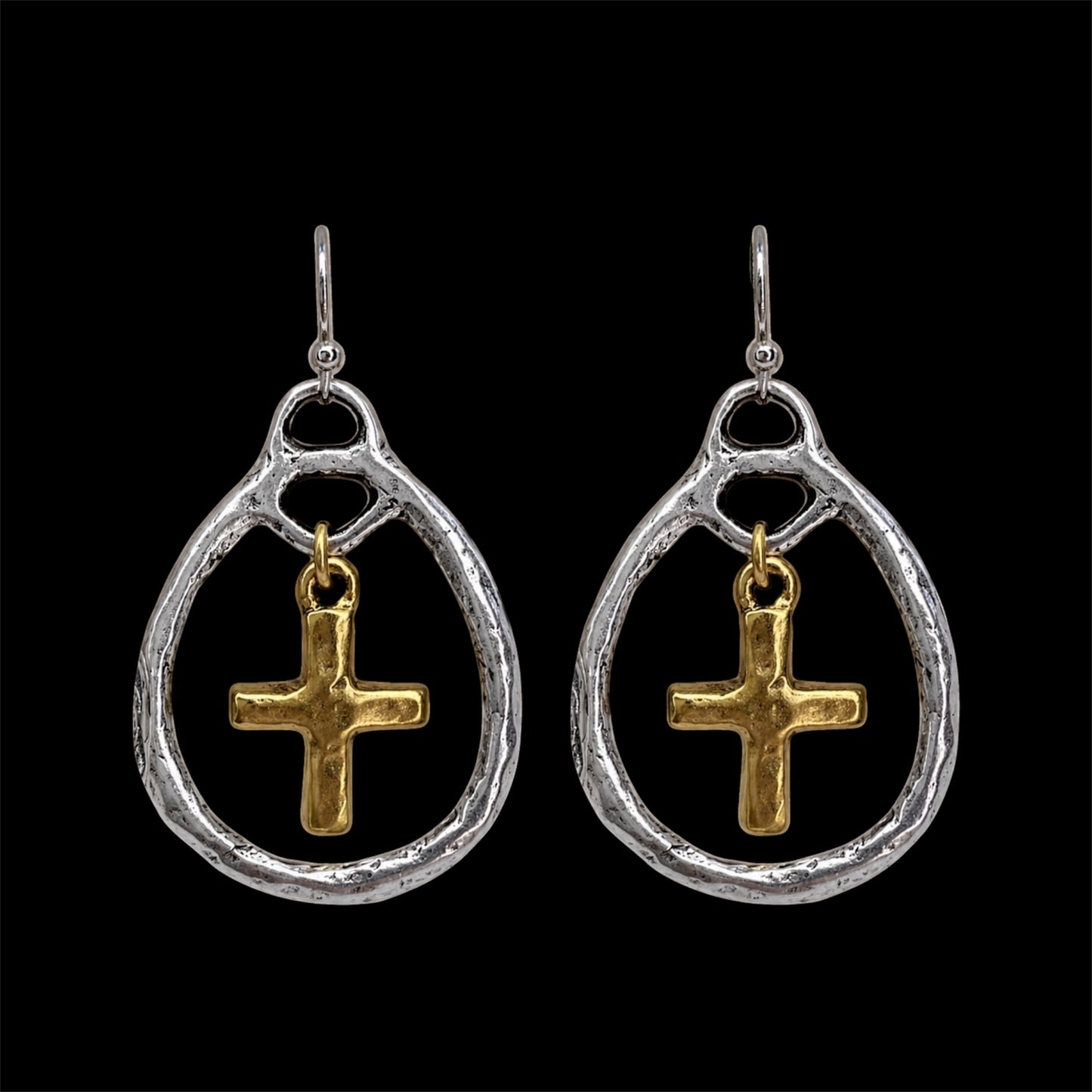 Mixed Metal Cross Teardop Earrings