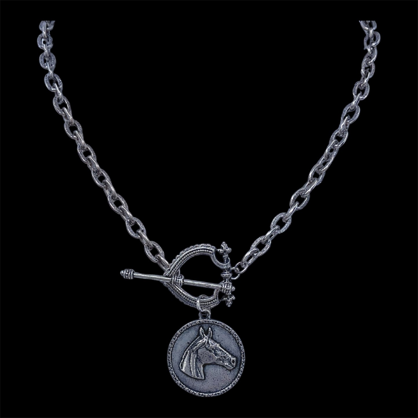 Vintage Chain with Vintage Sterling plated Toggle and Horse Coin Pendant