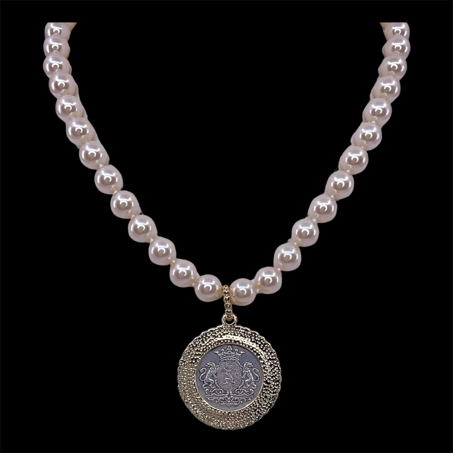 Vintage Hand Knot Pearl With Mixed Metal Repurposed Horse Hunting Coin