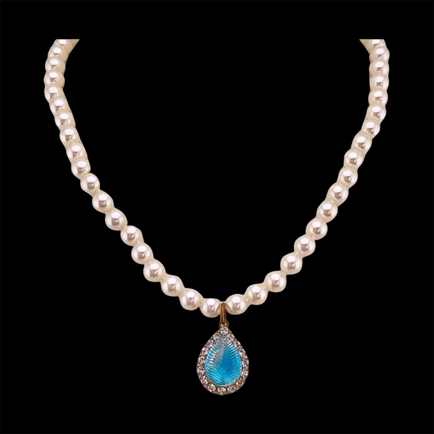 Vintage Faux Pearl Necklace with Vintage Light Blue Tear Drop French Crystal Pendant