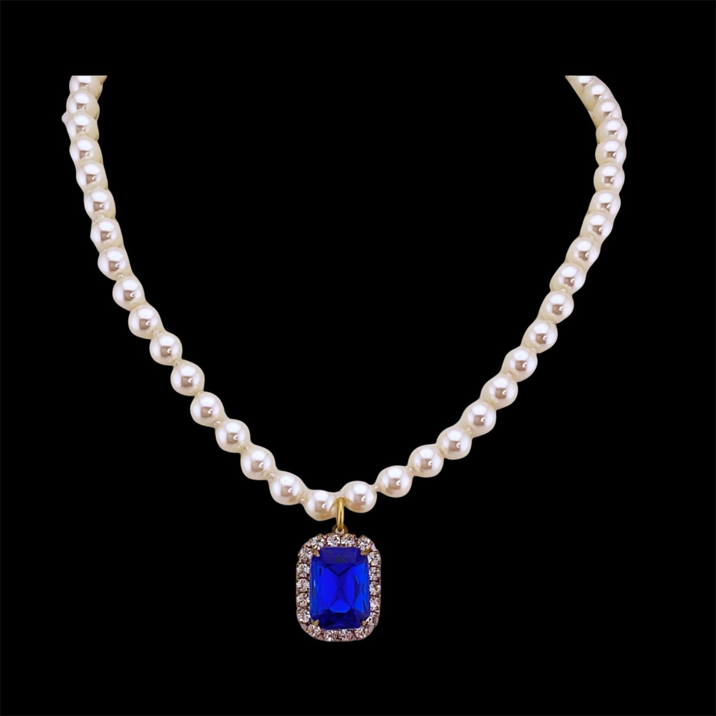 Vintage Faux Pearl Necklace with Vintage Dark Blue Square French Crystal Pendant