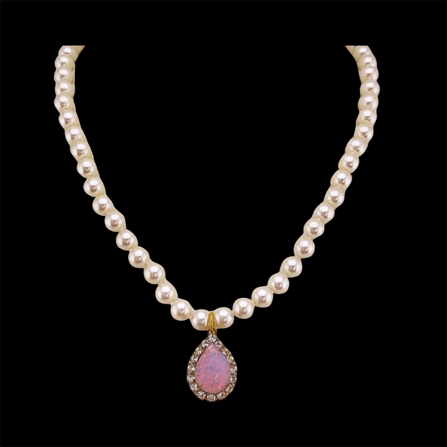 Vintage Faux Pearl Necklace with Vintage Rhinestone French Crystal Pendant