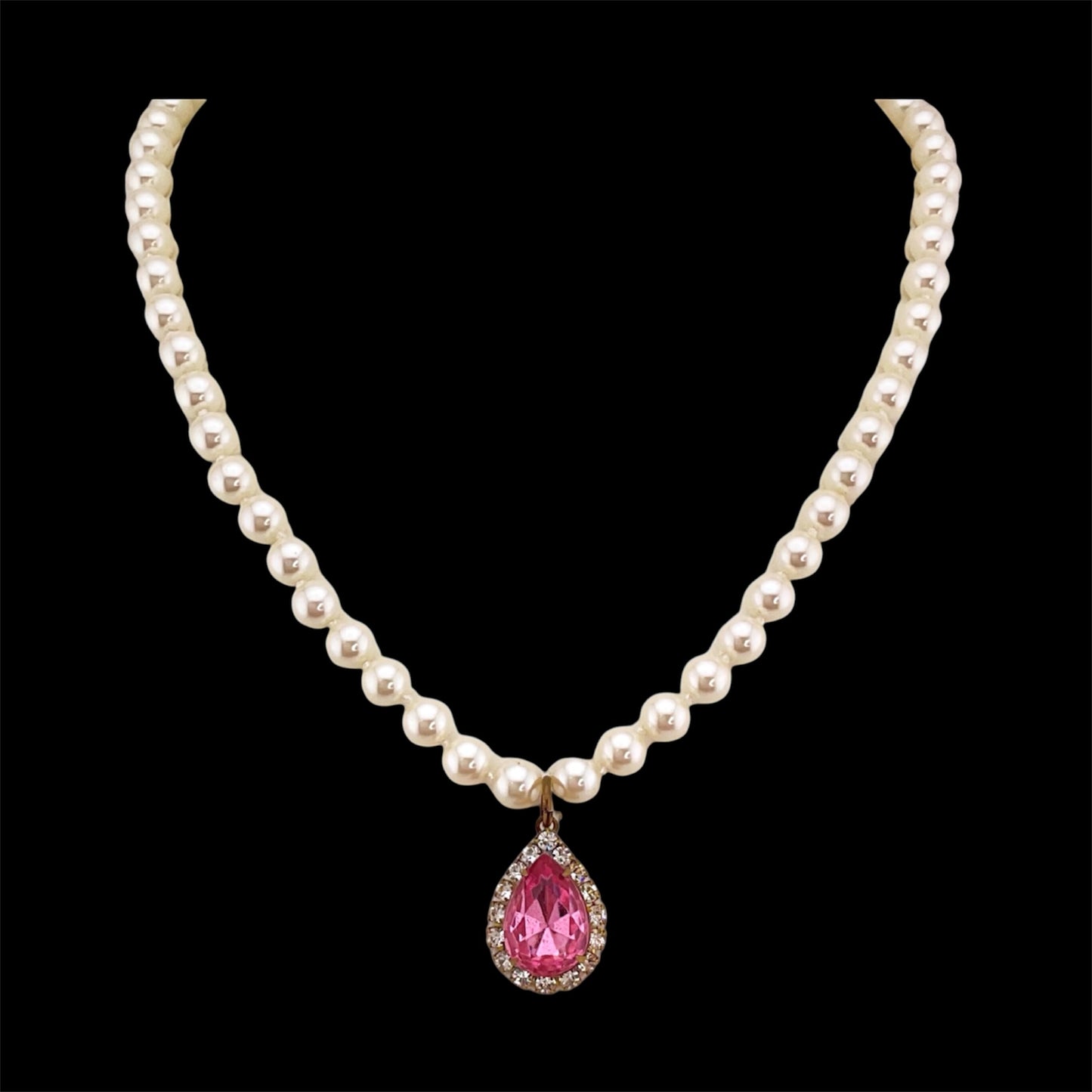 Vintage Faux Pearl Necklace with Vintage Pink Tear Drop French Crystal Pendant