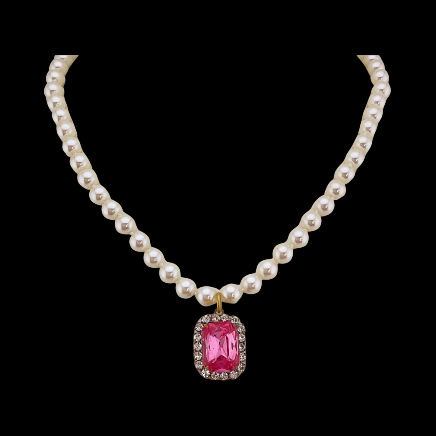 Vintage Faux Pearl Necklace with Vintage Pink Square French Crystal Pendant