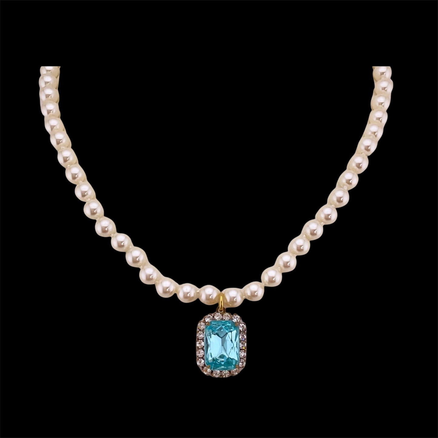Vintage Faux Pearl Necklace with Vintage Light Blue Square French Crystal Pendant