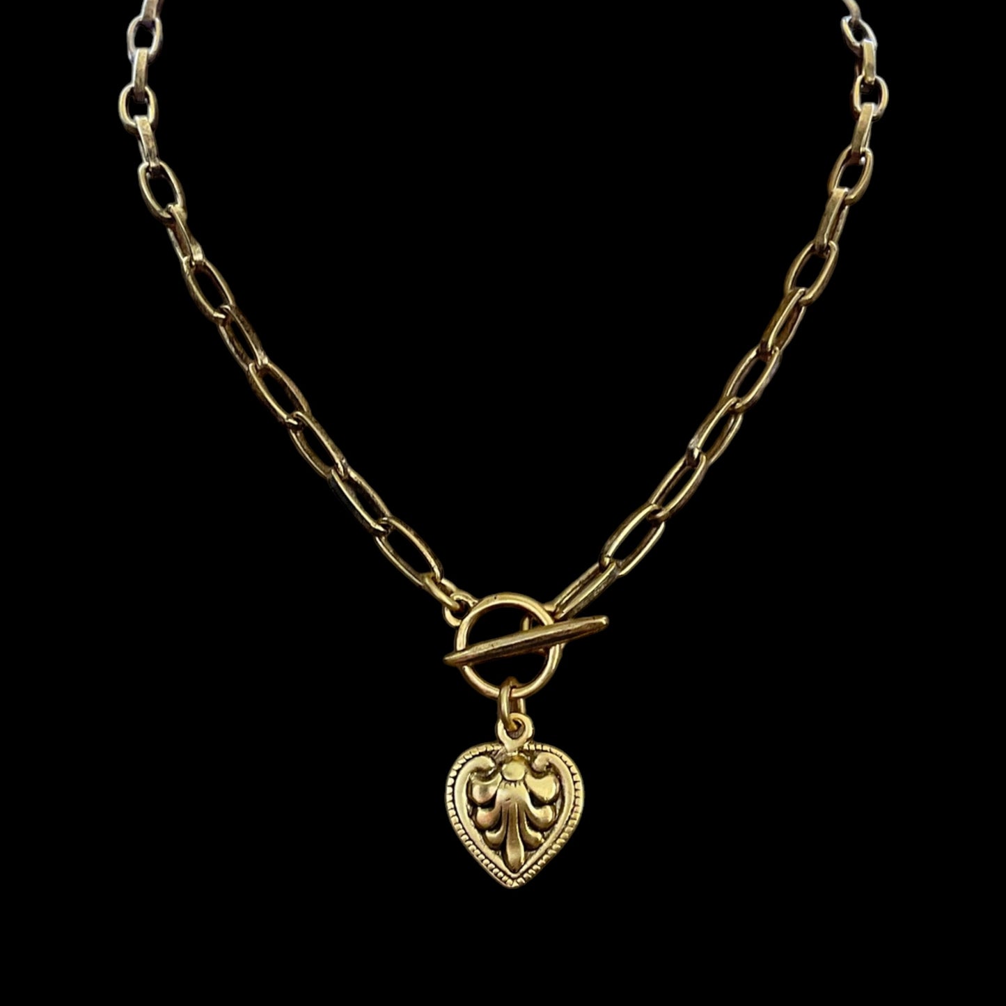 Vintage Gold Plated Etched Toggle heart Necklace